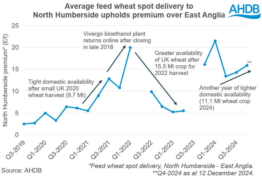 Chart showing average feed wheat spot delivery to North Humberside upholds premium over East Anglia.